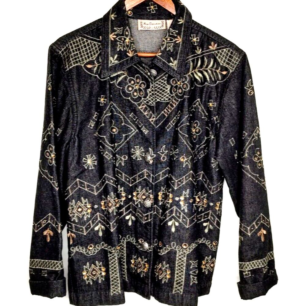 Vintage Embroidered Black Denim Jacket Western Button Shirt Size Medium